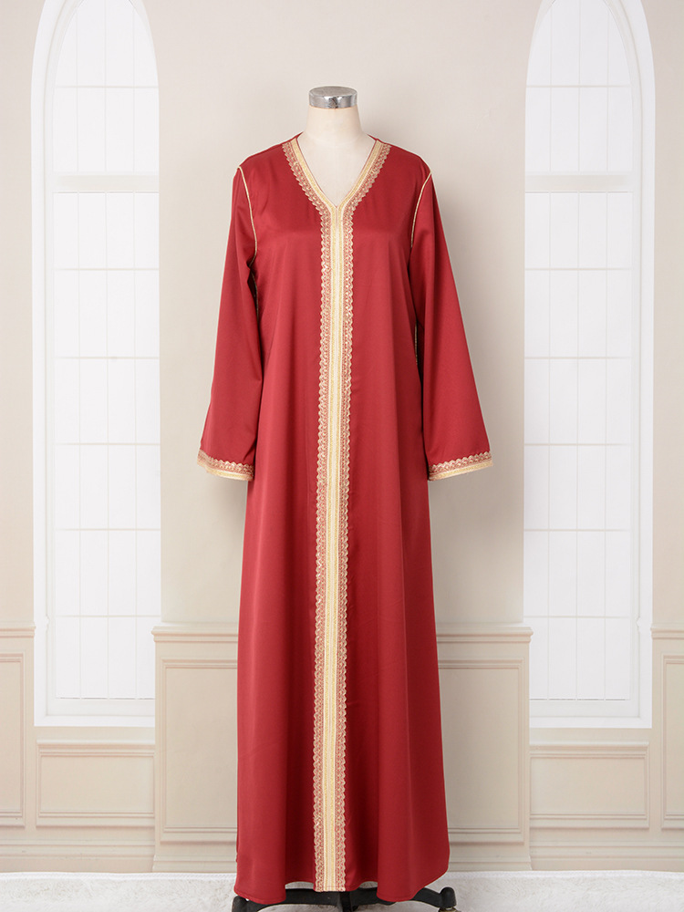 MT098中东外贸迪拜穆斯林长袍女装 刺绣金色珠片花边连衣裙 abaya详情36