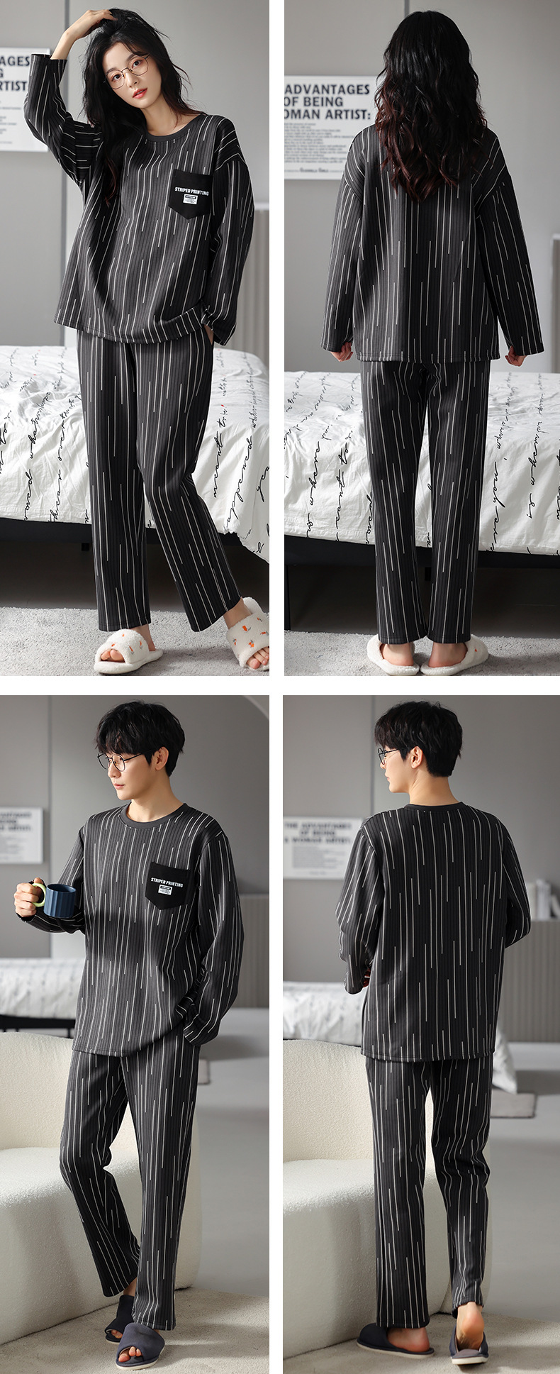 品牌情侣睡衣女长袖纯棉冬季新款韩版男士大码秋冬全棉家居服套装详情13