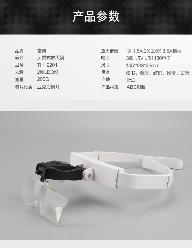 LED light 9201 head-mounted glasses, high-definition acrylic multi-magnification lenses, reading electronic repair magnifying glass pic 1