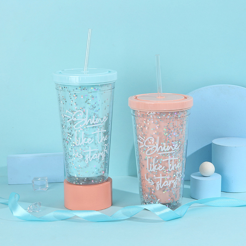 Summer new double-layer household carrying straw ice cup, popular star sequined creative plastic student gift water cup pic 5