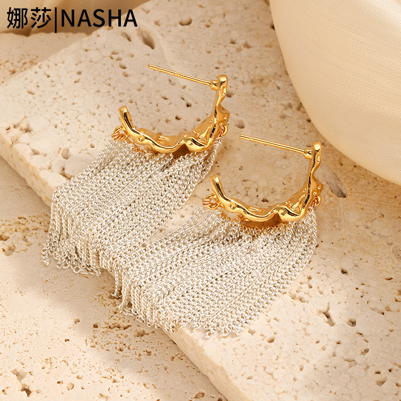 娜莎欧美跨境ins冷淡风流苏耳坠链条耳钉小众设计感撞色气质耳环详情8