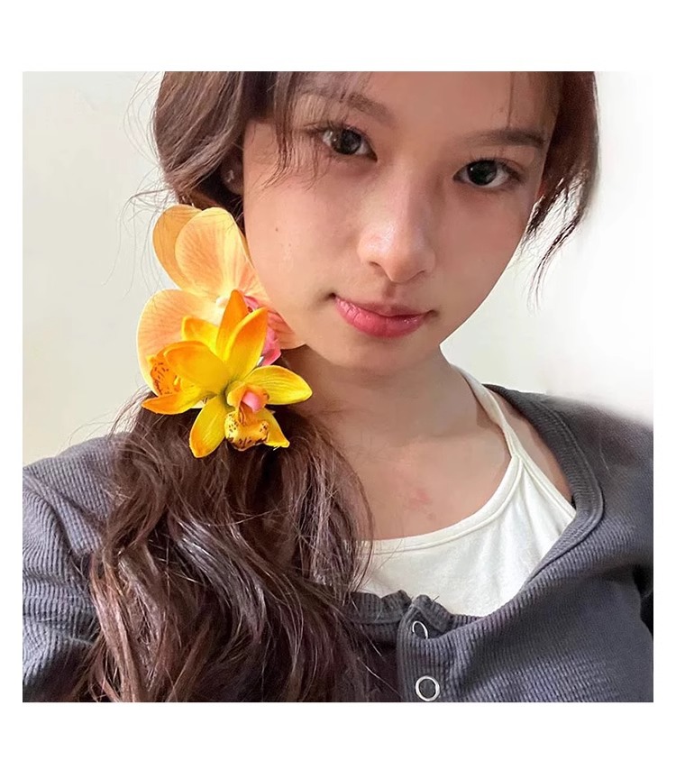 桔黄色蝴蝶兰头花发夹度假拍照氛围感头饰发卡超仙度假仿真花发饰详情23