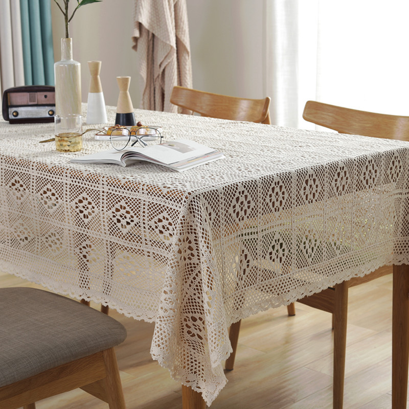 American country-style handcrafted crochet tassel tablecloth with geometric rhombus-shaped hollowed-out decorative fabric as a shooting prop pic 33