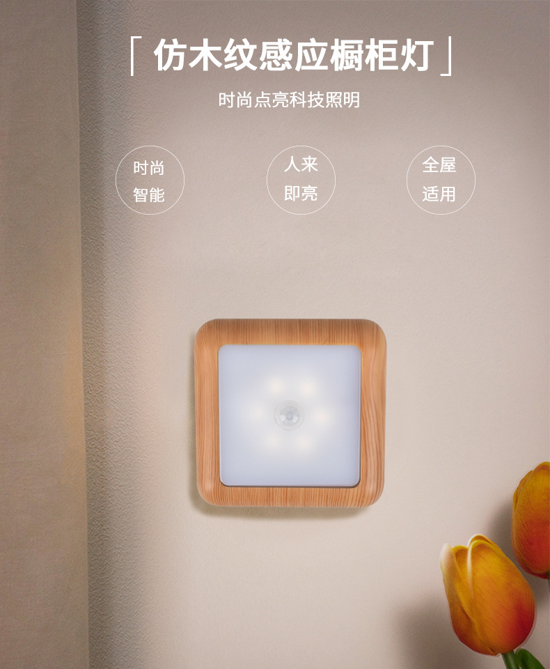 2023 New style ambient wood grain sensor light, smart human body sensor light, corridor staircase small wall lamp, bedside night light pic 1