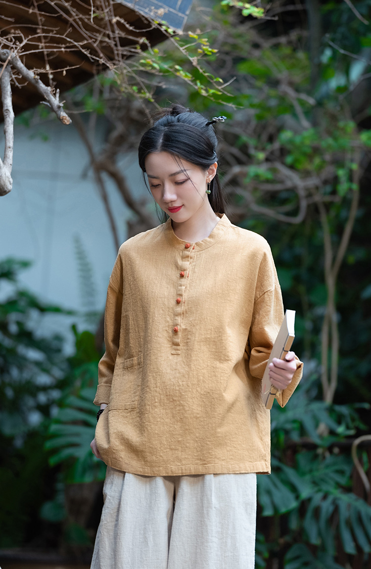 2024春夏棉麻女装新品亚麻立领拼色盘扣套头大码上衣女式棉麻衬衫详情45