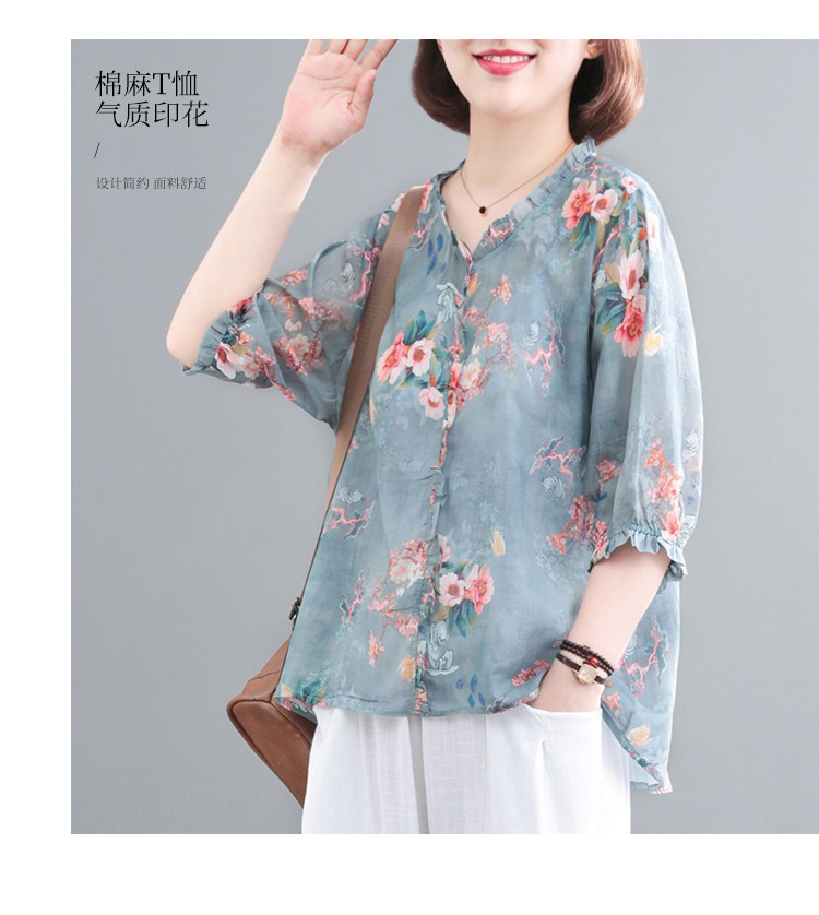 2023春夏新款韩版时尚气质大码1减龄印花复古洋气棉麻短袖T恤女装详情1