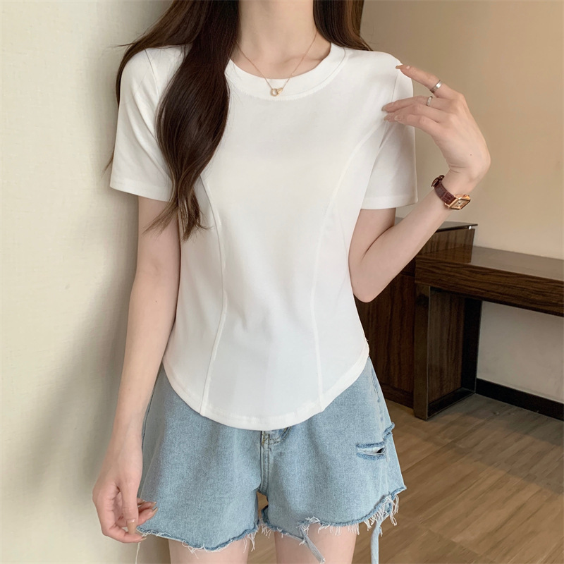 夏季新款短袖t恤女装正肩紧身设计感短款纯欲不规则下摆弧形上衣详情7