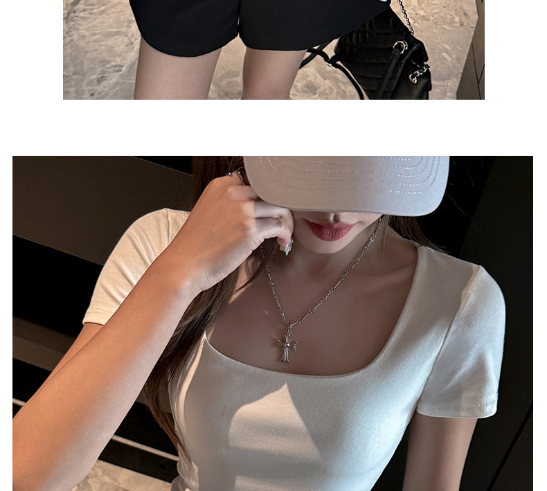 夏季纯棉方领辣妹正肩短袖t恤女式修身显瘦高级感韩系女装T恤上衣详情17