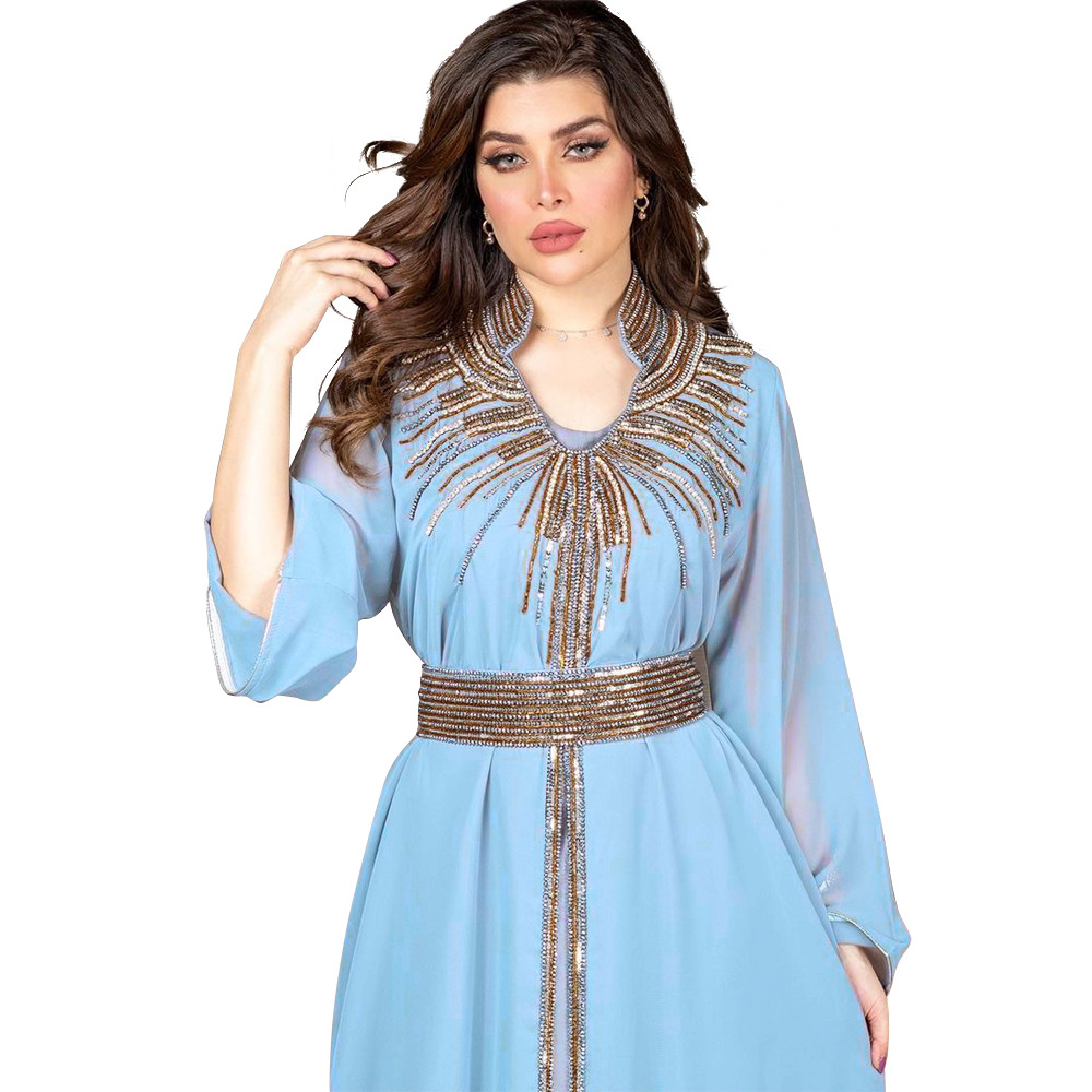 XQY500090 Foreign trade Arab robe, Middle East kaftan fashion Hot diamond belted chiffon dress pic 24