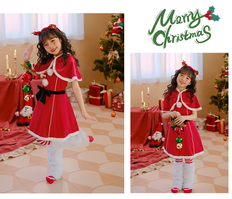 圣诞节儿童服装女童披肩斗篷连衣裙红色裙子派对装扮服饰圣诞老人详情10