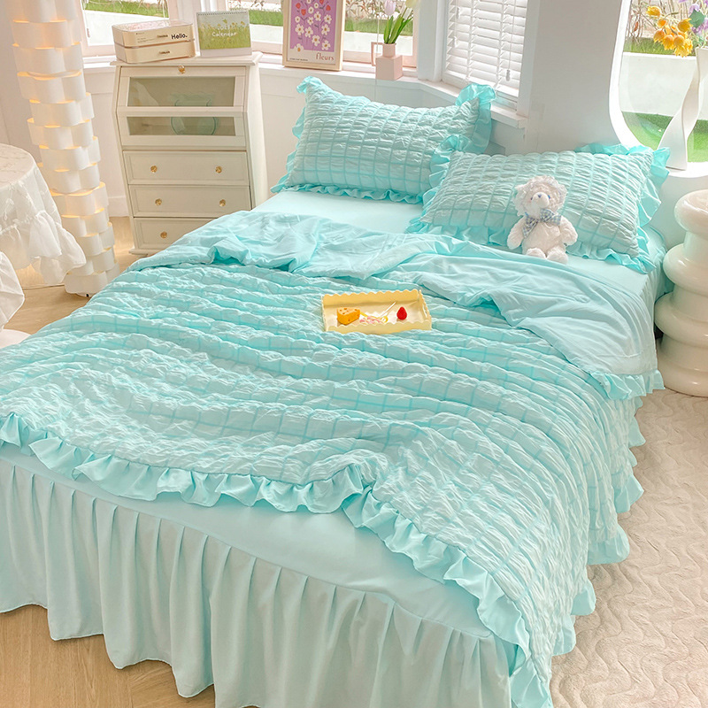 Simple style bubble gauze summer quilt four-piece set, high-end solid color washed cotton bed sheet, bed skirt, quilt cover, dormitory three-piece set pic 24