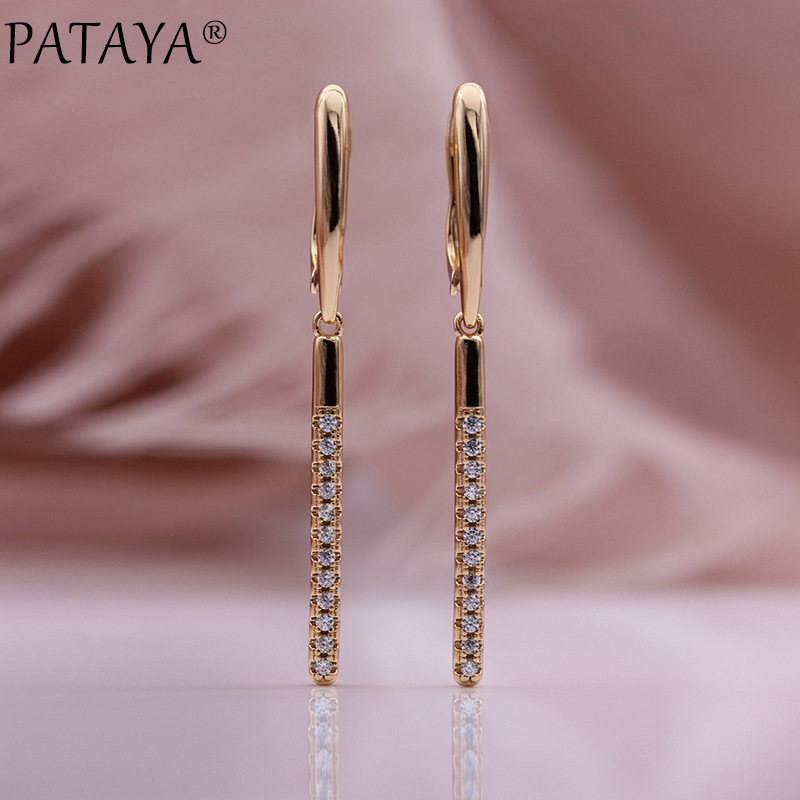 PATAYA585 rose gold electroplated earrings, cross-border direct supply, AliExpress micro-inlaid zircon pendant long earrings pic 2