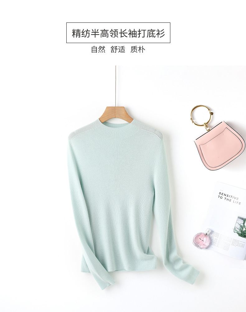 Fine-spun, machine-washable wool 100 knitted sweater design, semi-high collar, slimming, solid color autumn new wool sweater top pic 1