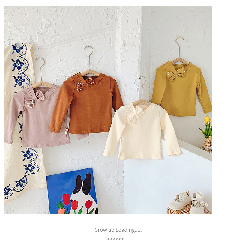 厂家直销2022秋季新品珍珠蝴蝶结长袖女童打底衫儿童全棉t恤韩版详情14