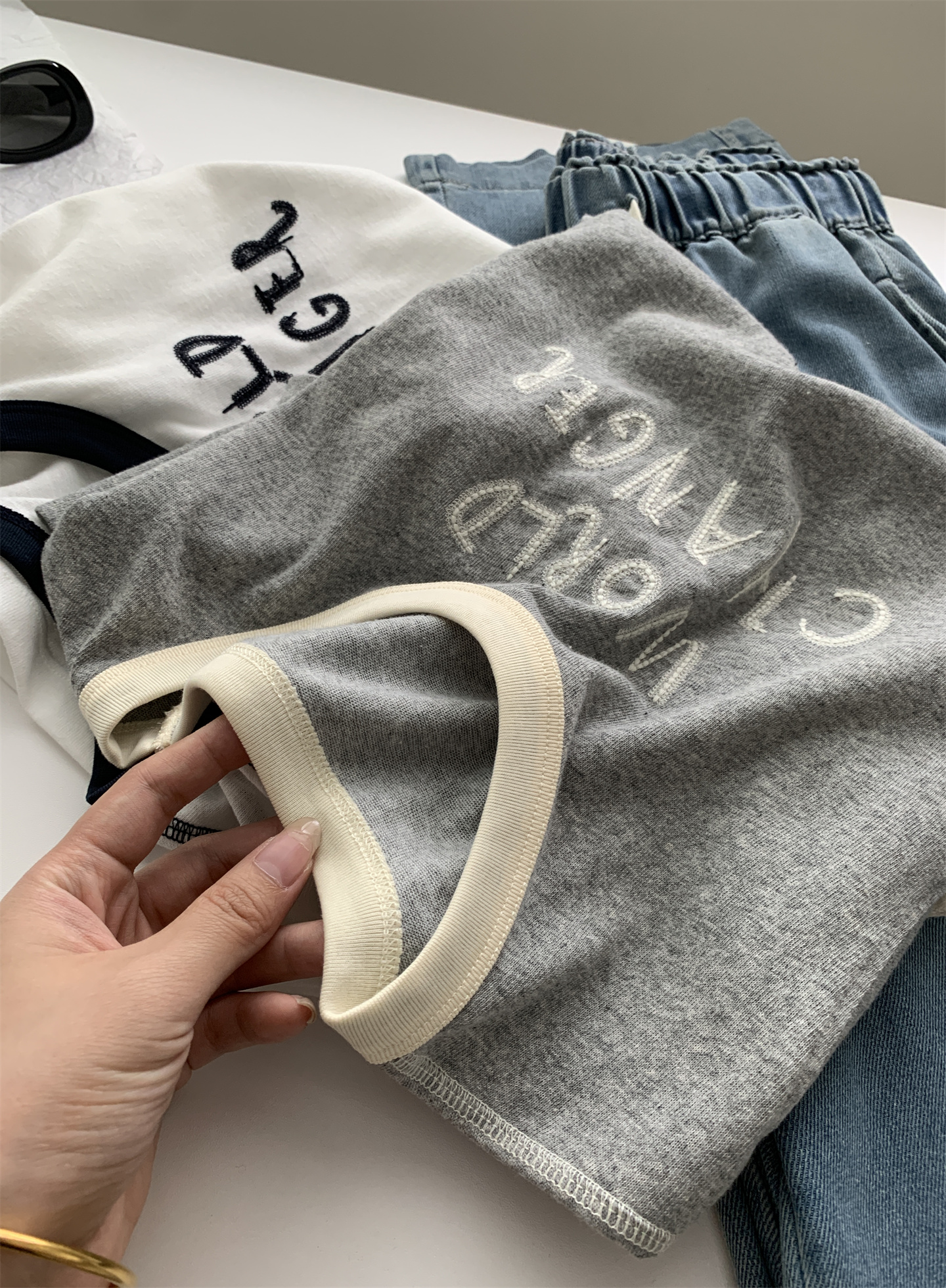 Summer thin, breathable snowflake cotton letter-shaped T-shirt for women, color-blocking round-neck lace embroidered loose short-sleeved top pic 19