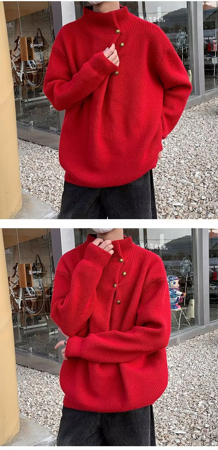 A high-neck sweater with an irregular button design, a stylish and laid-back oversized knitted top from a Korean streetwear brand pic 15