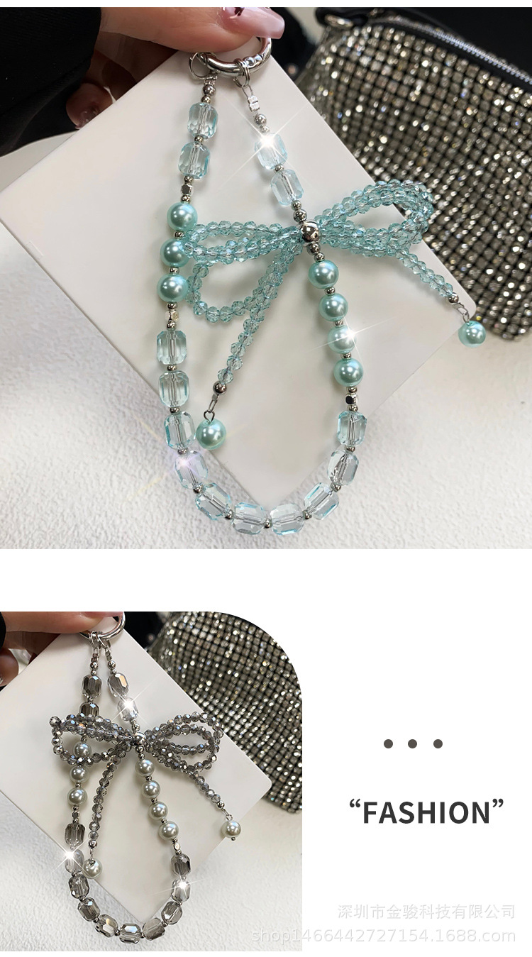 手机链条高级感 立体水晶蝴蝶结钥匙挂链 珍珠手机挂绳手腕款批发详情21