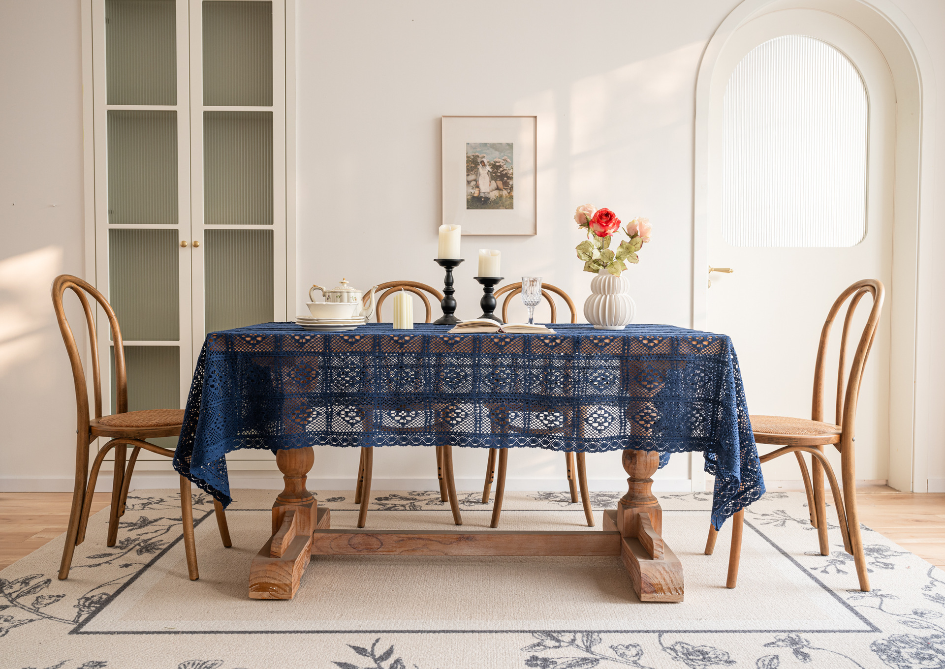 Cross-border hollowed-out hidden deep blue tablecloth, retro crochet photo art book, personalized cotton thread woven tablecloth cover pic 13