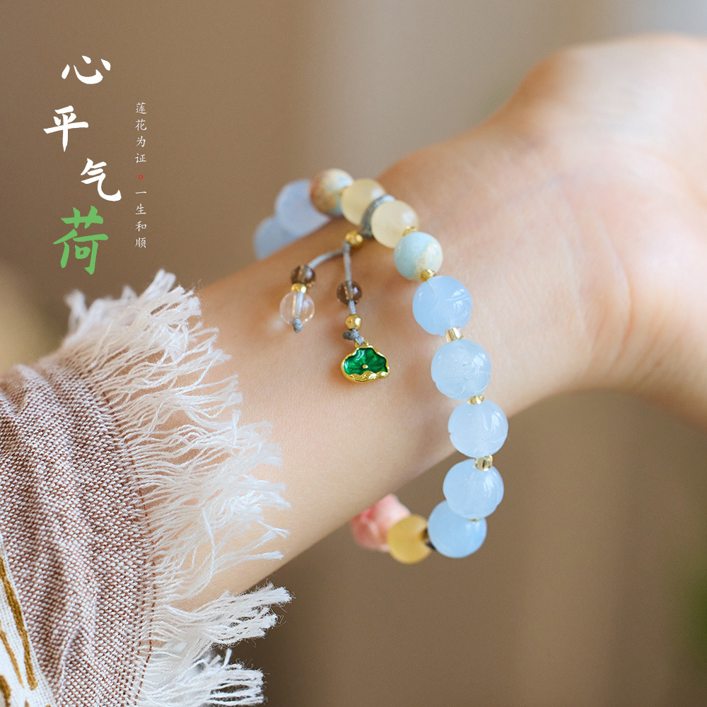 Temple bestseller Natural golden thread jade lotus bracelet, Good Luck Lotus Lotus Bag, bulging ancient-style jade bracelet wholesale pic 15