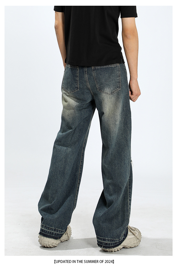 秋冬牛仔裤男美式复古水洗做旧宽松显瘦高腰直筒破洞阔腿拖地裤详情11