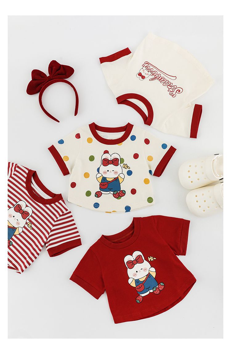 吾里卜一 女童小兔印花半袖T恤2024夏季儿童甜美可爱撞色短袖体恤详情15