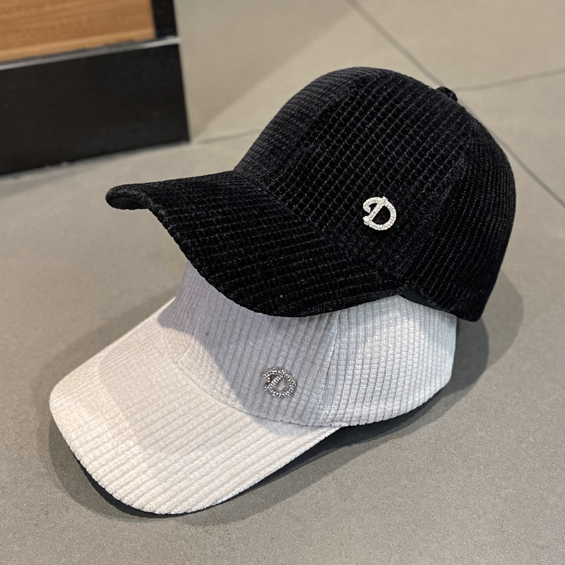 帽子女镶钻D字母灯芯绒鸭舌帽秋冬季韩版时尚百搭弯檐青年棒球帽详情1
