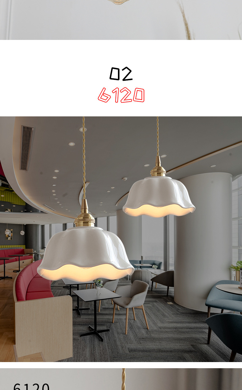 Nordic white pleated ceramic chandelier, Japanese restaurant, guesthouse bar counter, bedside, bedroom, living room, retro all-copper lamp pic 4