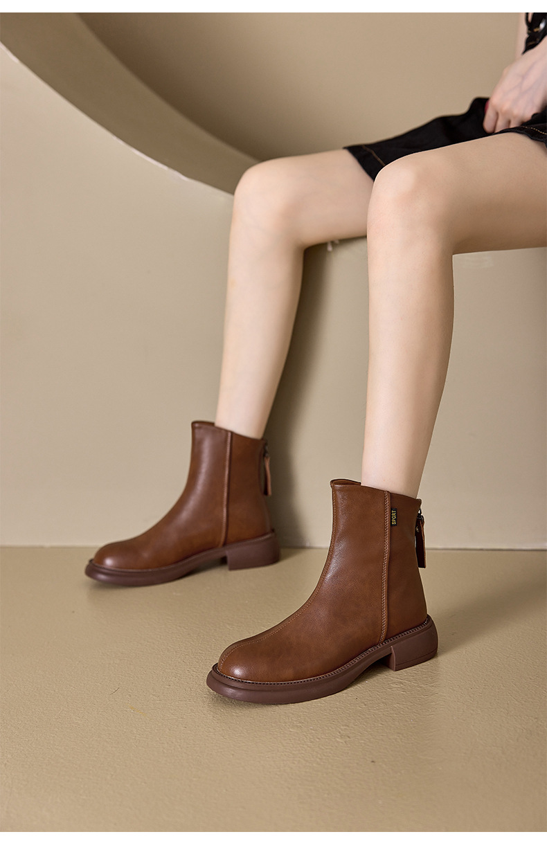 秋冬加绒真皮马丁靴女 韩版后拉链瘦瘦女靴子复古中帮大码休闲鞋详情21