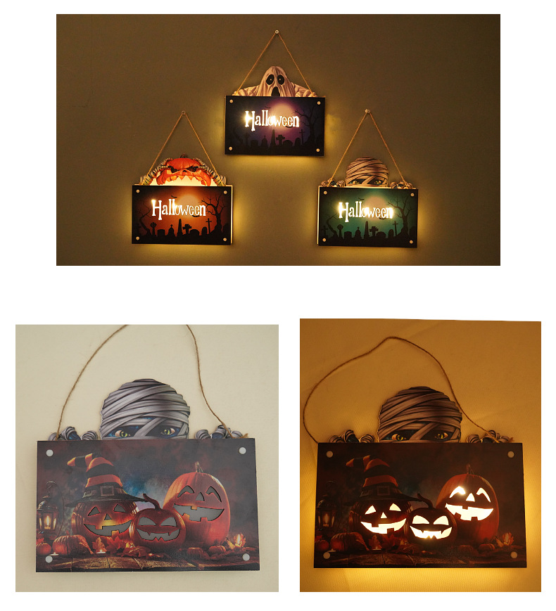 跨境新款万圣节恐怖幽灵鬼木质门牌挂装饰摆件道具南瓜灯工艺品详情4