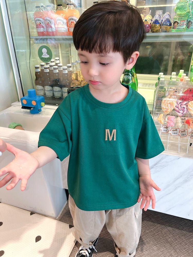 儿童简约短袖洋气男童字母恤2024夏季中小童宝宝圆领衫厂一件批发详情2