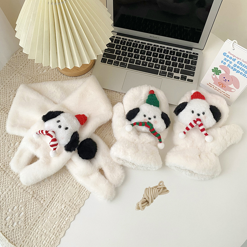 圣诞狗毛绒手套ins原宿风小众女高颜值保暖防寒加厚挂脖手套详情9