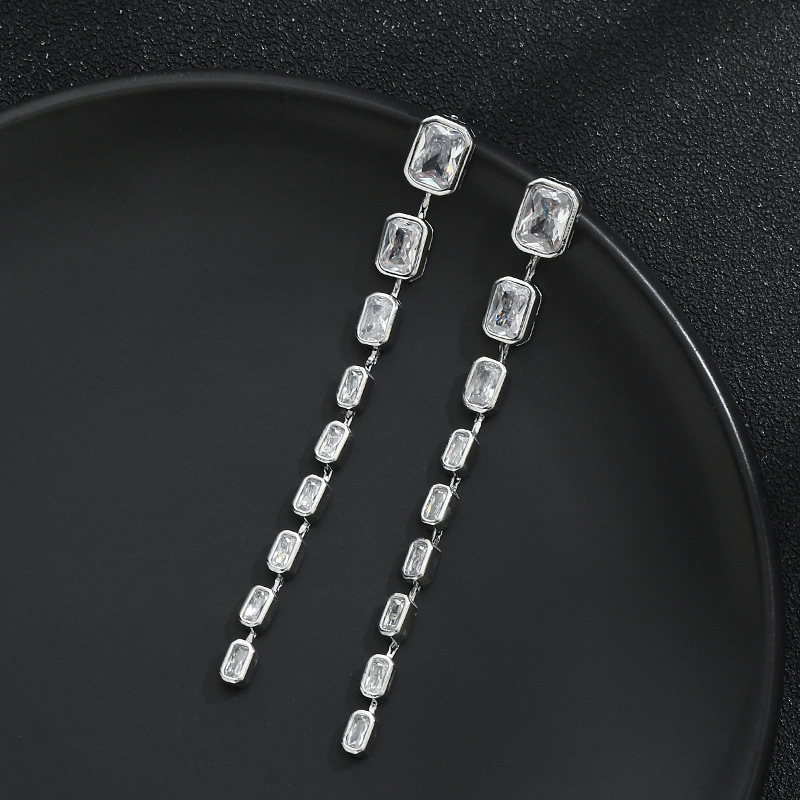 S925银针韩版时尚气质耳钉女高级感几何方糖项链精致百搭流苏耳环详情7