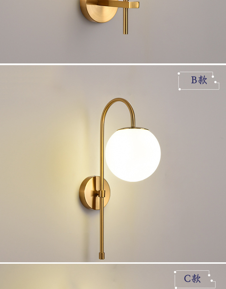 Crossover nórdico simple aplique de pared hierro forjado dorado cobre electrochapado cristal natural bola led dormitorio lámpara de cabecera pic 10