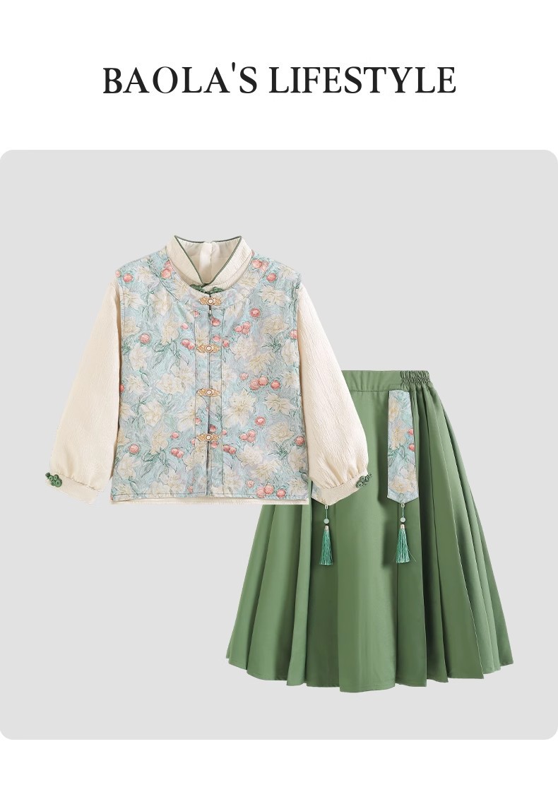 国潮女童亲子汉服套装国风套装2025春季国风女童衬衫马甲裙三件套套装详情2