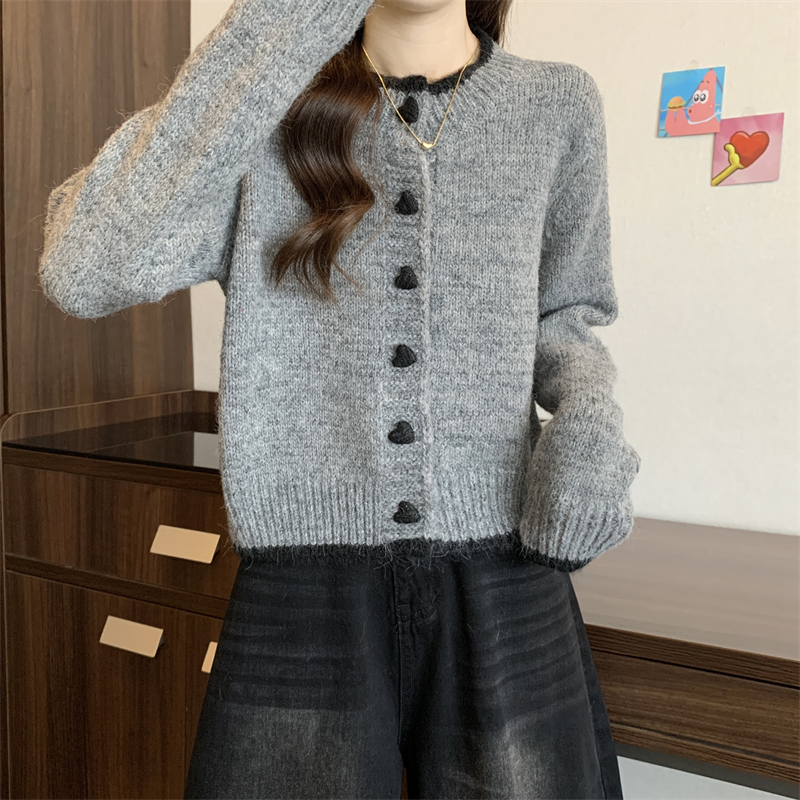 KANING拼色爱心纽扣针织开衫女2025早春新款慵懒风软糯毛衣外套女详情10