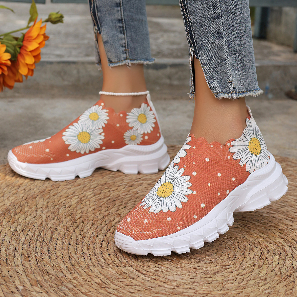 跨境2024春秋欧美新款大码拼色浅口懒人圆头飞织厚底女式休闲单鞋详情5