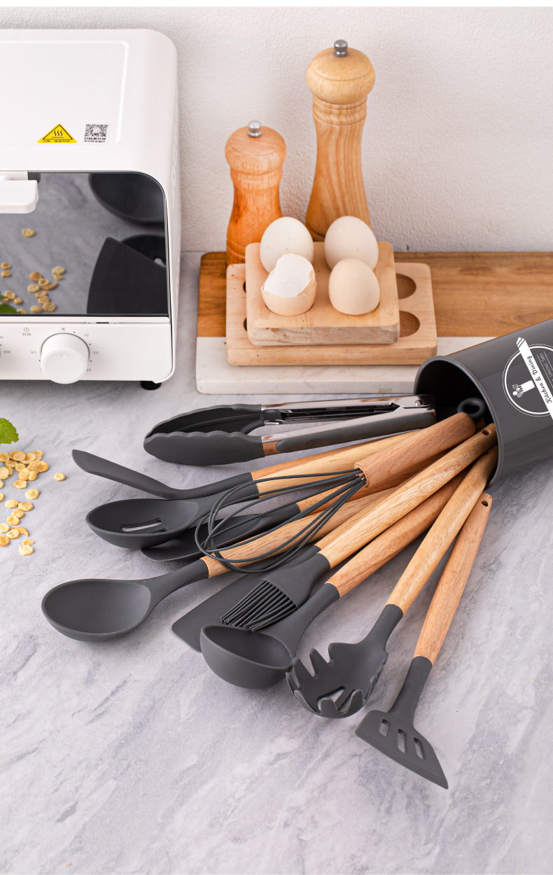 Non-stick cooking pan storage bucket, wooden handle, silicone kitchenware 12-piece set, silicone kitchenware 11-piece set pic 2