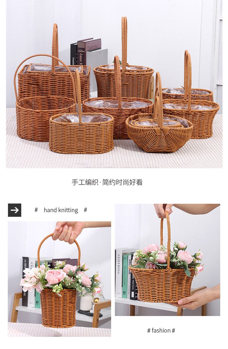 跨境专供现货供应皮筋仿藤花篮 道具摆件手工编织藤编提篮 插花花详情18