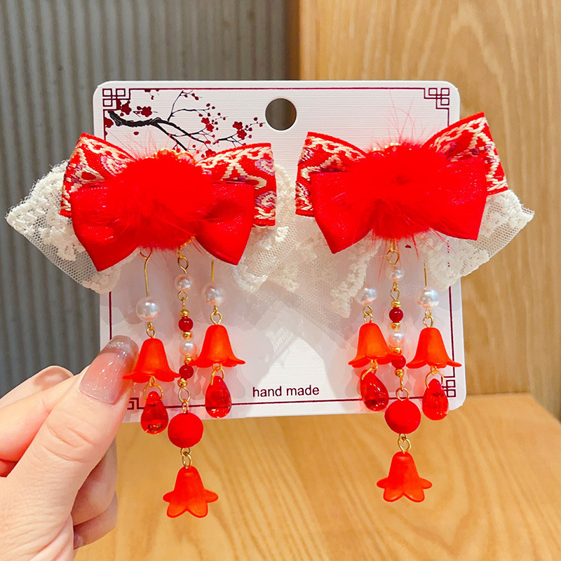 新年款红色古风流苏发夹儿童汉服发卡头饰女童复古蝴蝶结发夹发饰详情42