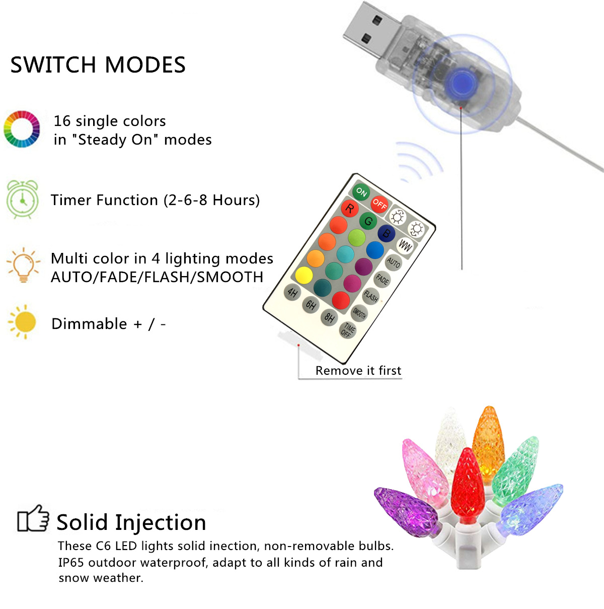 Cross-border new 16-color remote control LED strawberry light, RGB seven-color USB light string, festival wedding decoration, C6 color light pic 5
