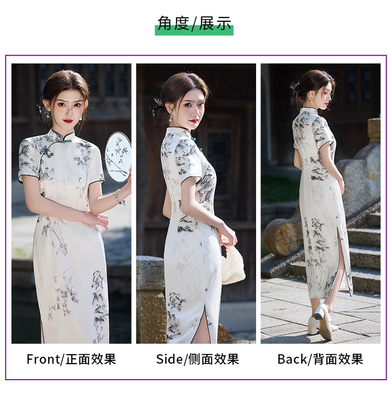 国潮国风水墨画长款醋酸双层改良2025新款年轻款少女复古修身详情3