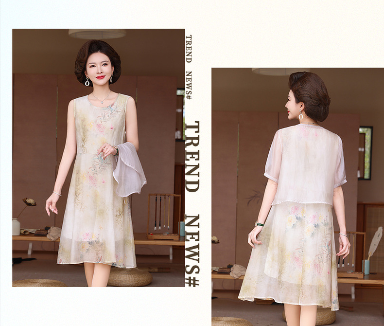 年轻妈妈装时尚两件套连衣裙40岁50中老年女士气质遮肚薄雪纺裙子详情10