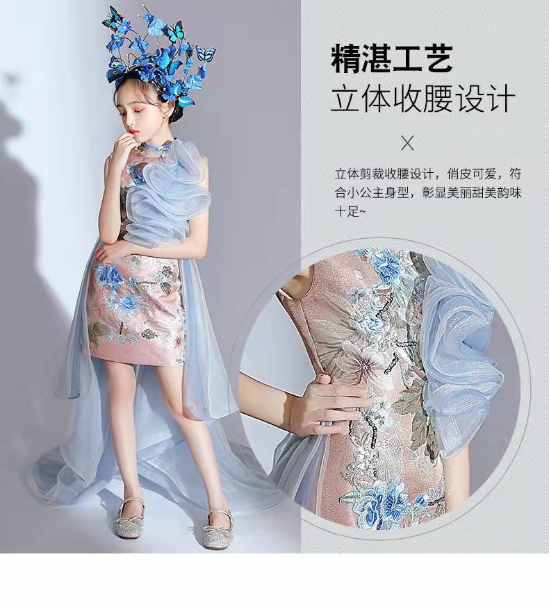 女童旗袍国潮改良夏季主持人儿童模特走秀T台潮装演出服国风礼服详情21