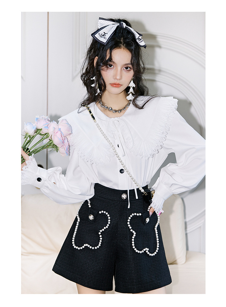 The new long-sleeved white shirt for women in the autumn of 2023, with lace trim and a doll-neck design, is a stylish shirt for women pic 27