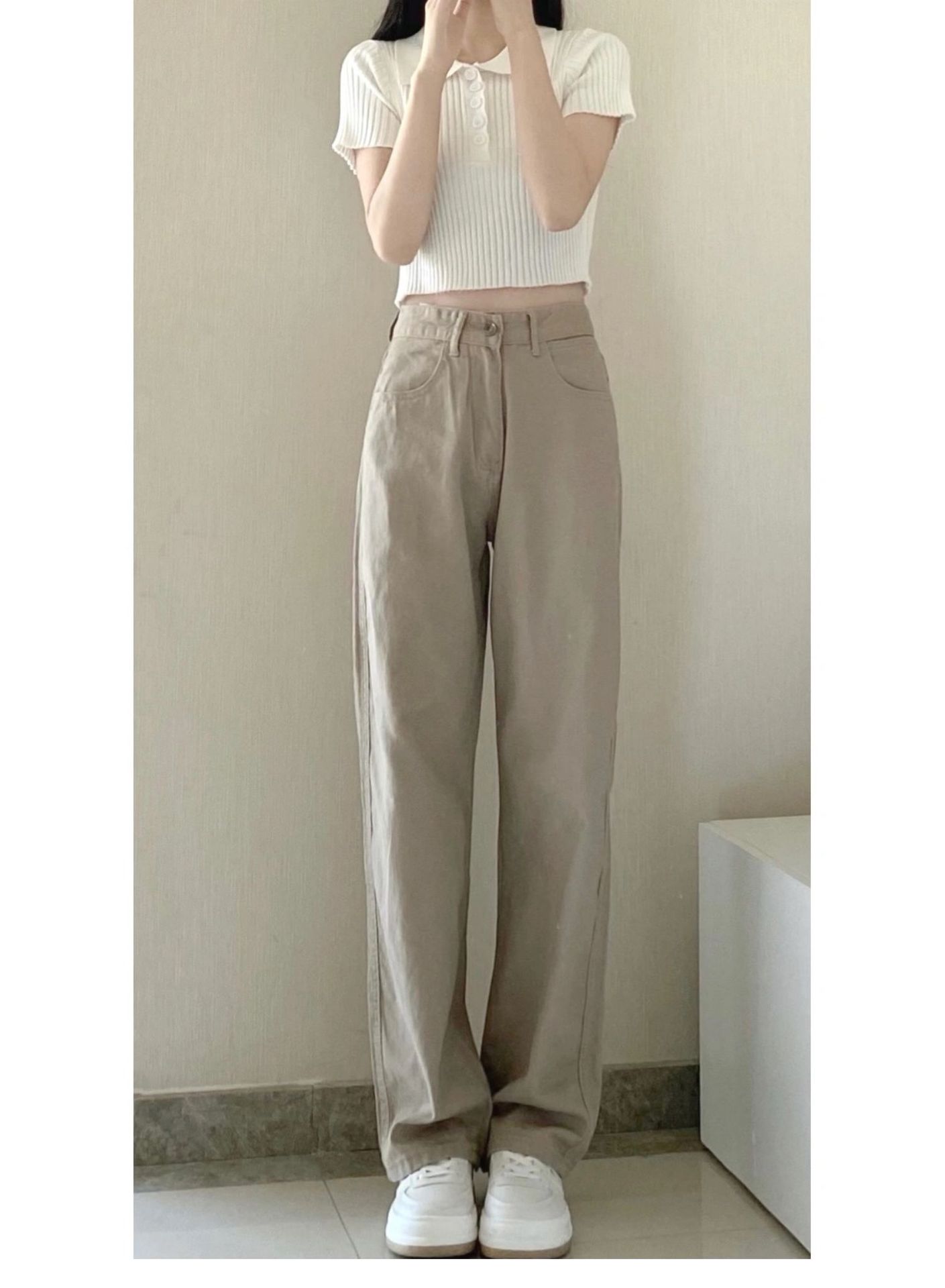 The 2022 Spring/Summer new khaki straight-leg wide-leg jeans make women look slimmer and taller. They are loose, high-waisted, floor-length and paired with long pants pic 14