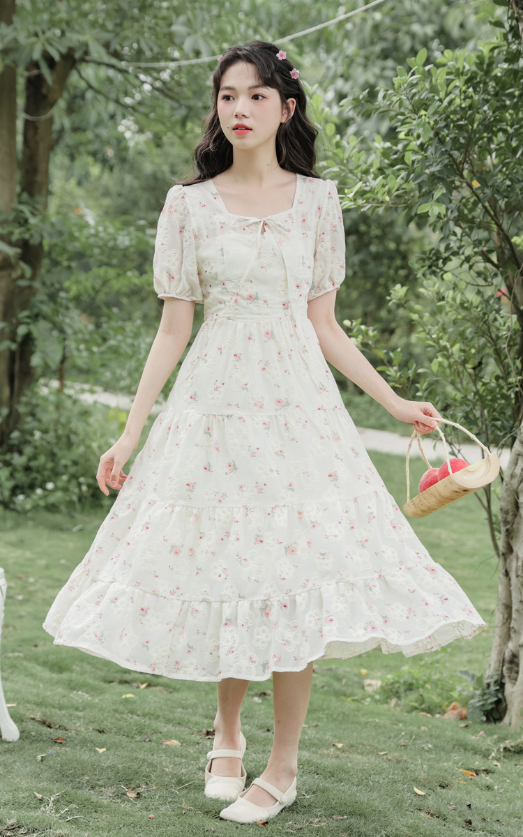 One-piece delivery 2024 Summer new French niche style floral print short-sleeved dress with sweet embroidery and printing pic 19