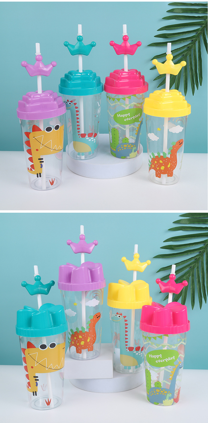 Cartoon cute dinosaur pattern household daily-use straw cup, multi-purpose straw, beverage water cup, small crown straw pic 9
