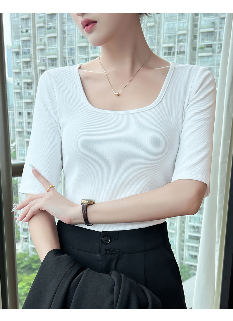 This 2023 autumn new slimming and elegant base layer T-shirt is versatile for daily use, fitted, simple and stylish, with a square neck and mid-sleeved shirt for women pic 12