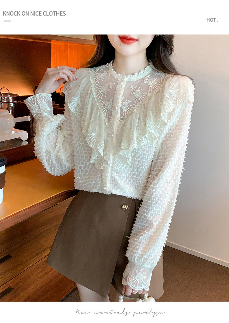 A semi-high-neck chiffon top for women's spring collection in 2023, featuring a stylish inner layer, a long-sleeved lace base layer and a top pic 22