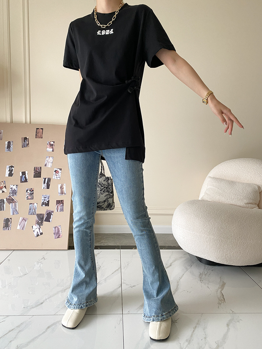 Sinan guoji plato hebilla bifón caída hombro manga camiseta mujer moda cool sentido de diseño verano 2022 nuevo SN1425 pic 36